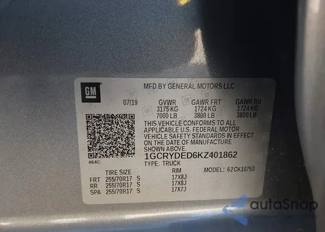 2019 Chevrolet Silverado 1500 Lt z USA, uszkodzony, nr VIN 1GCRYDED6KZ401862